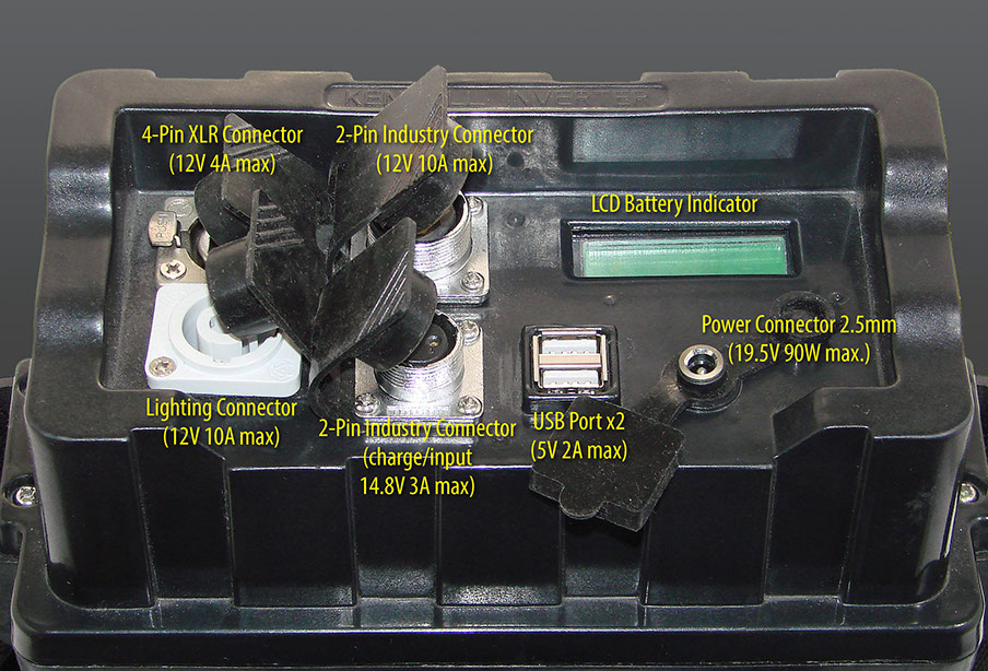 Closeup of mobile battery connectors showing various ports and power ratings.